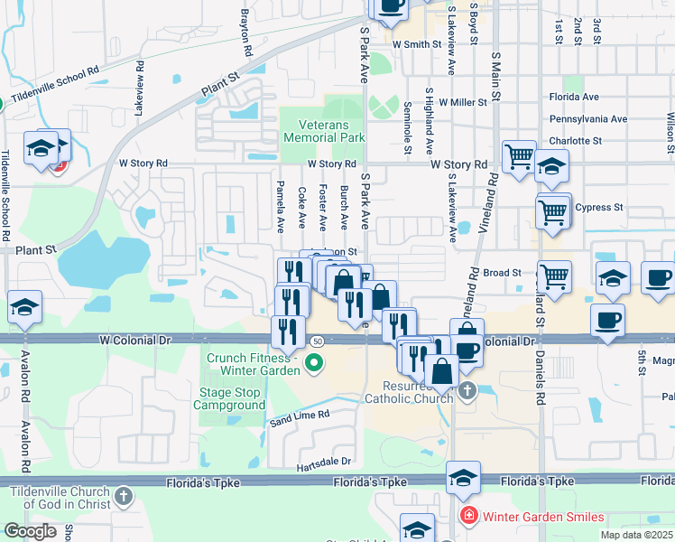 map of restaurants, bars, coffee shops, grocery stores, and more near 405 Eron Way in Winter Garden