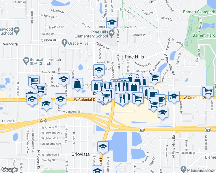 map of restaurants, bars, coffee shops, grocery stores, and more near 814 Borders Circle in Pine Hills