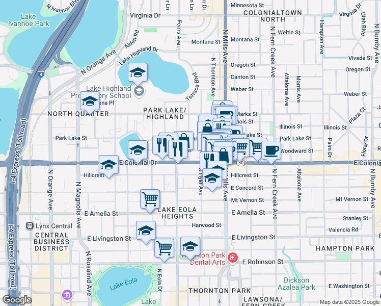 map of restaurants, bars, coffee shops, grocery stores, and more near 802 Woodward Street in Orlando