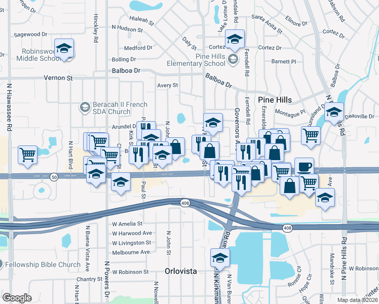 map of restaurants, bars, coffee shops, grocery stores, and more near 5856 Berry Street in Orlando