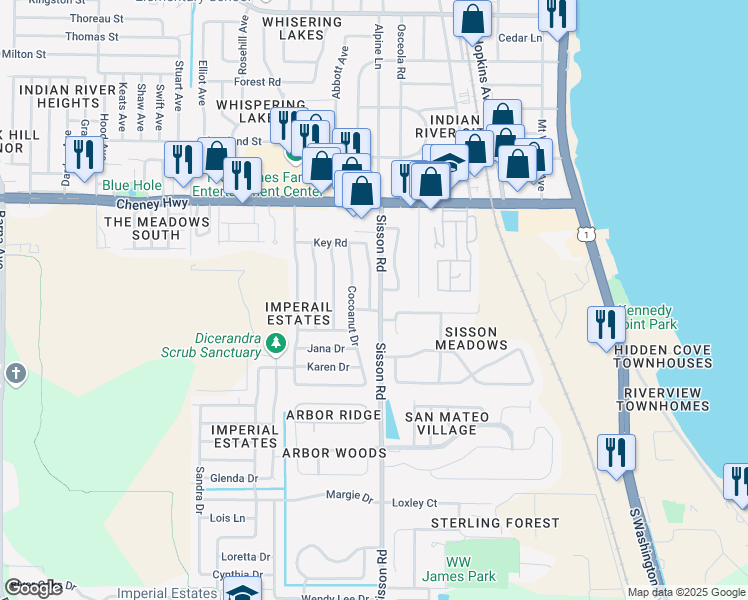 map of restaurants, bars, coffee shops, grocery stores, and more near 4825 East Key Drive in Titusville