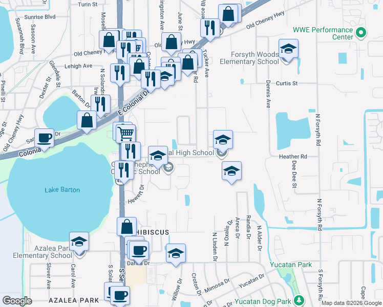 map of restaurants, bars, coffee shops, grocery stores, and more near 6043 Oleander Drive in Orlando