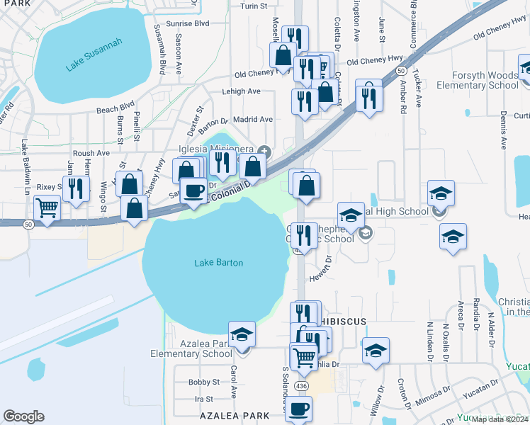 map of restaurants, bars, coffee shops, grocery stores, and more near 5520 East Colonial Drive in Orlando