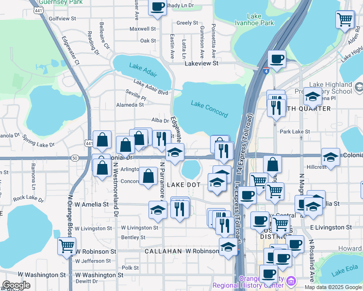 map of restaurants, bars, coffee shops, grocery stores, and more near 513 Peachtree Road in Orlando