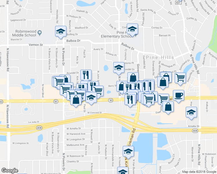 map of restaurants, bars, coffee shops, grocery stores, and more near 5856 Berry Street in Orlando