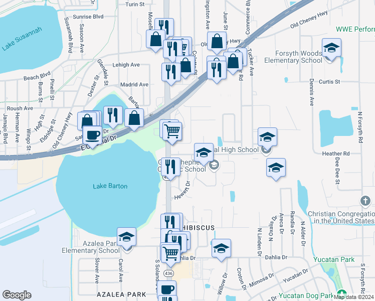 map of restaurants, bars, coffee shops, grocery stores, and more near 5739 Oleander Drive in Orlando