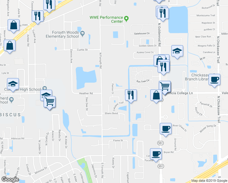 map of restaurants, bars, coffee shops, grocery stores, and more near 6904 Kelcher Court in Orlando