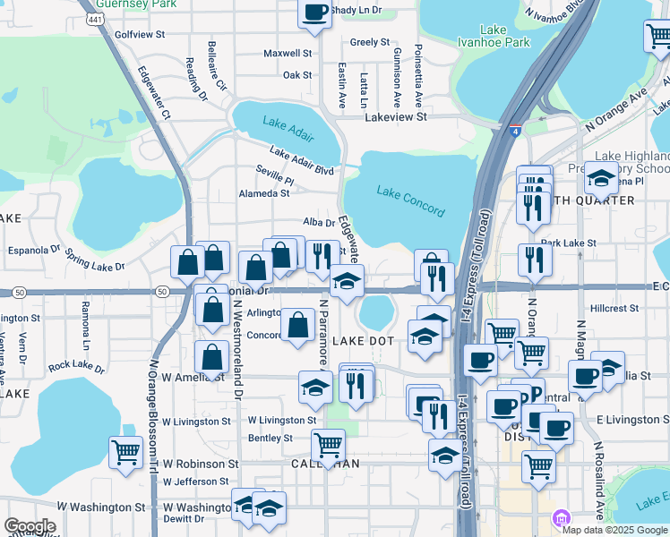 map of restaurants, bars, coffee shops, grocery stores, and more near 725 Putnam Avenue in Orlando