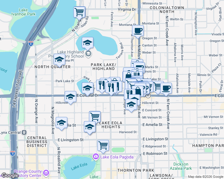 map of restaurants, bars, coffee shops, grocery stores, and more near 649 Woodward Street in Orlando