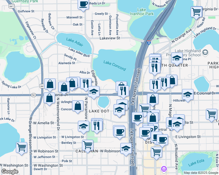 map of restaurants, bars, coffee shops, grocery stores, and more near 425 Peachtree Road in Orlando