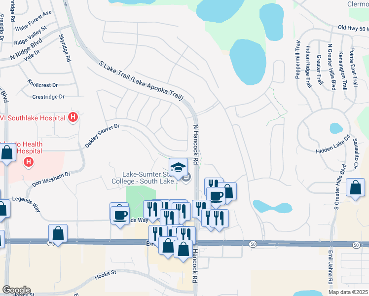 map of restaurants, bars, coffee shops, grocery stores, and more near 994 Princeton Drive in Clermont