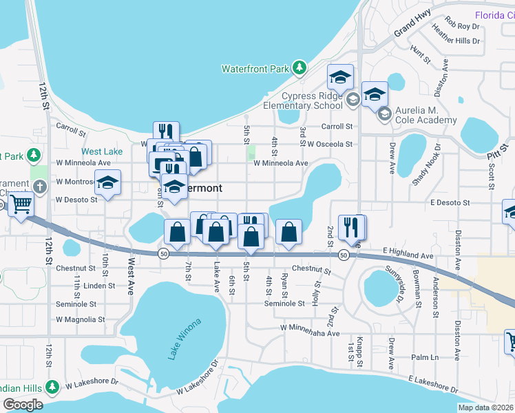 map of restaurants, bars, coffee shops, grocery stores, and more near 447 West Desoto Street in Clermont