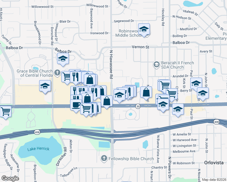 map of restaurants, bars, coffee shops, grocery stores, and more near 201 North Hiawassee Road in Pine Hills