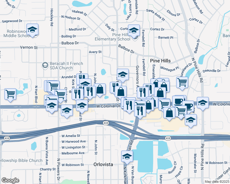 map of restaurants, bars, coffee shops, grocery stores, and more near 800 North Hastings Street in Orlando
