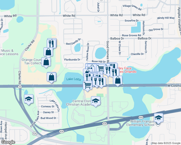 map of restaurants, bars, coffee shops, grocery stores, and more near 2270 Aloha Bay Court in Ocoee