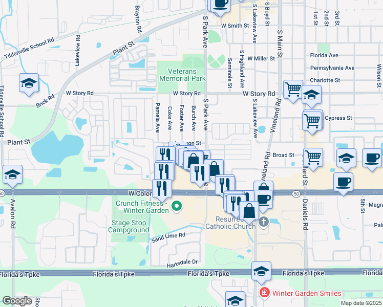 map of restaurants, bars, coffee shops, grocery stores, and more near 373 Eron Way in Winter Garden