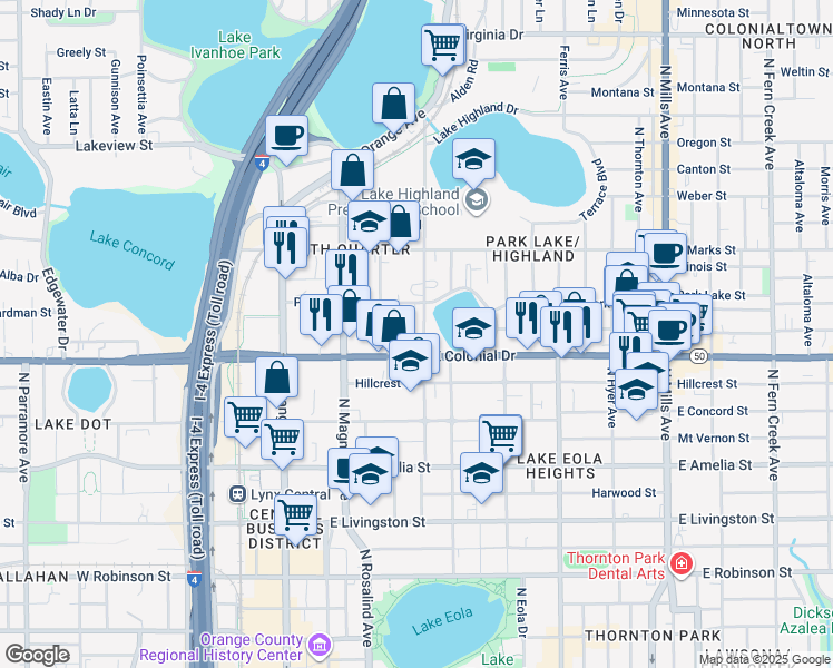 map of restaurants, bars, coffee shops, grocery stores, and more near 718 Highland Avenue in Orlando