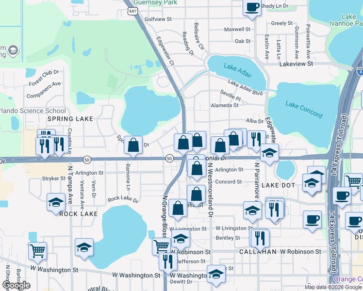 map of restaurants, bars, coffee shops, grocery stores, and more near 725 Clifford Drive in Orlando