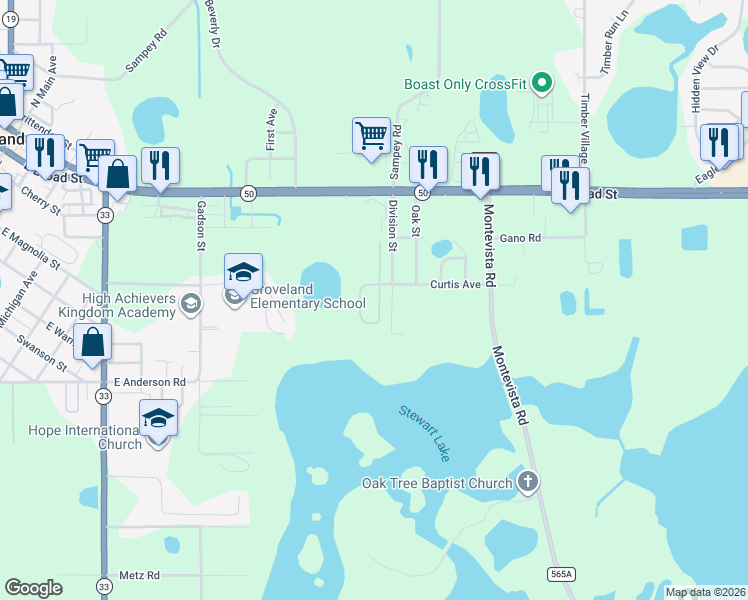 map of restaurants, bars, coffee shops, grocery stores, and more near 230 Curtis Avenue in Groveland