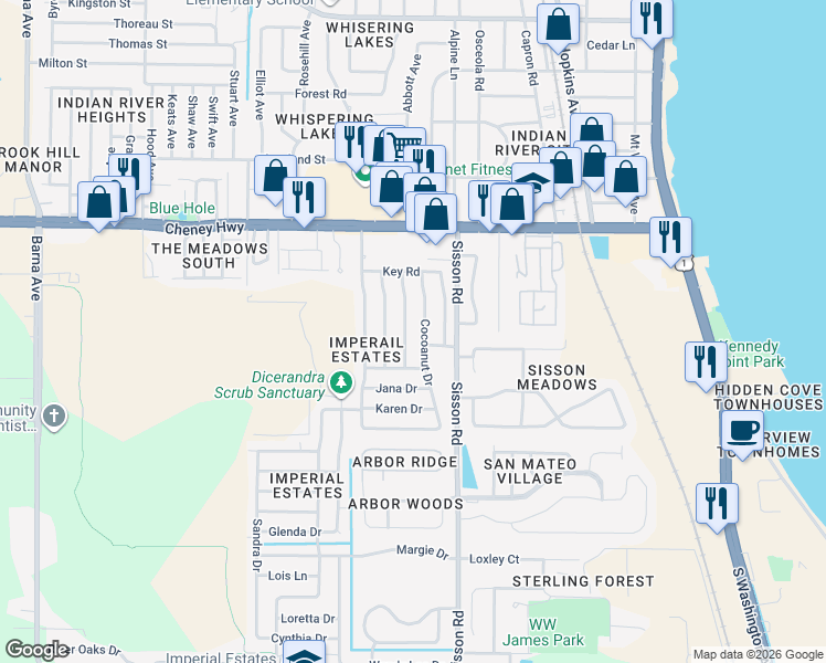 map of restaurants, bars, coffee shops, grocery stores, and more near 4825 Key Biscayne Drive in Titusville
