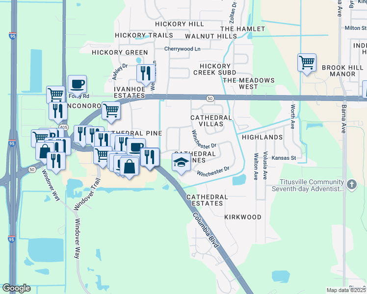 map of restaurants, bars, coffee shops, grocery stores, and more near 4895 Saint James Avenue in Titusville
