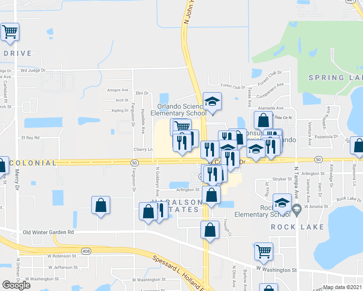 map of restaurants, bars, coffee shops, grocery stores, and more near 3201 West Colonial Drive in Orlando
