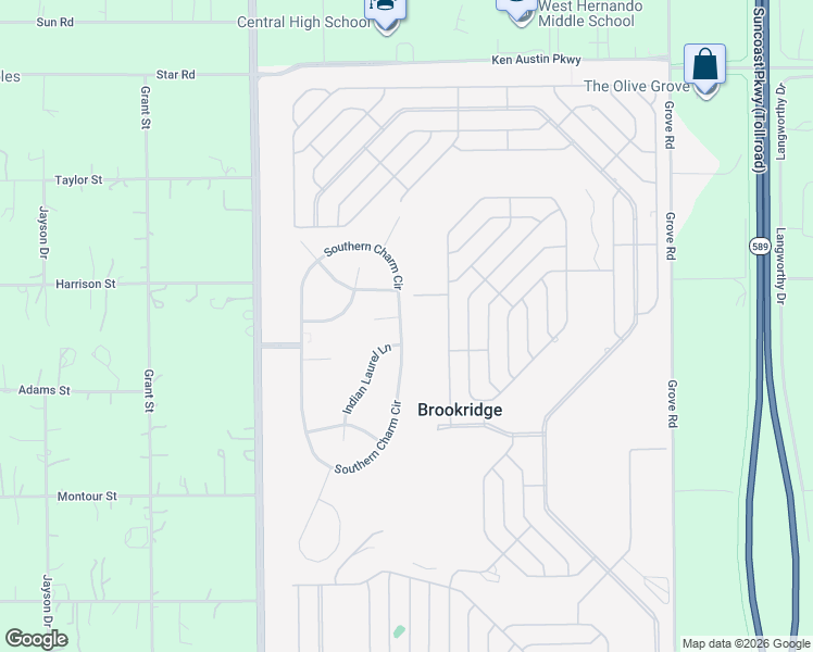 map of restaurants, bars, coffee shops, grocery stores, and more near 8981 Southern Charm Circle in Brooksville