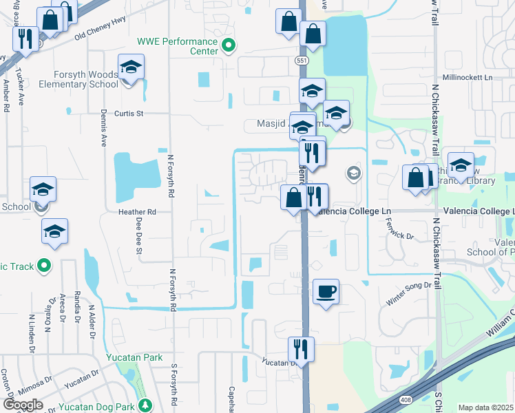 map of restaurants, bars, coffee shops, grocery stores, and more near 7414 Goldenpointe Boulevard in Azalea Park