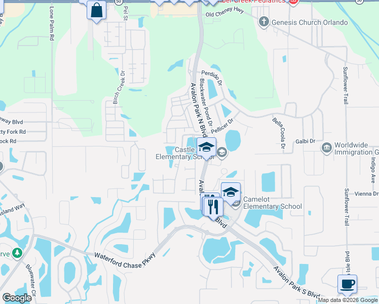 map of restaurants, bars, coffee shops, grocery stores, and more near 12163 Water Poppy Court in Orlando