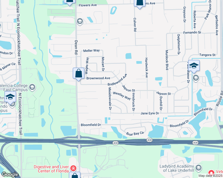 map of restaurants, bars, coffee shops, grocery stores, and more near 640 Meadowvale Drive in Orlando