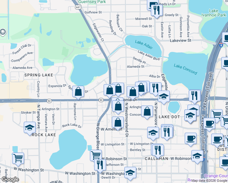 map of restaurants, bars, coffee shops, grocery stores, and more near 729 Ellwood Avenue in Orlando