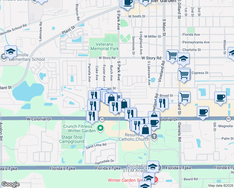 map of restaurants, bars, coffee shops, grocery stores, and more near 373 Eron Way in Winter Garden