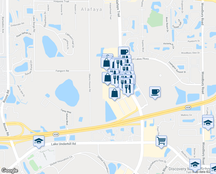 map of restaurants, bars, coffee shops, grocery stores, and more near 570 North Alafaya Trail in Orlando