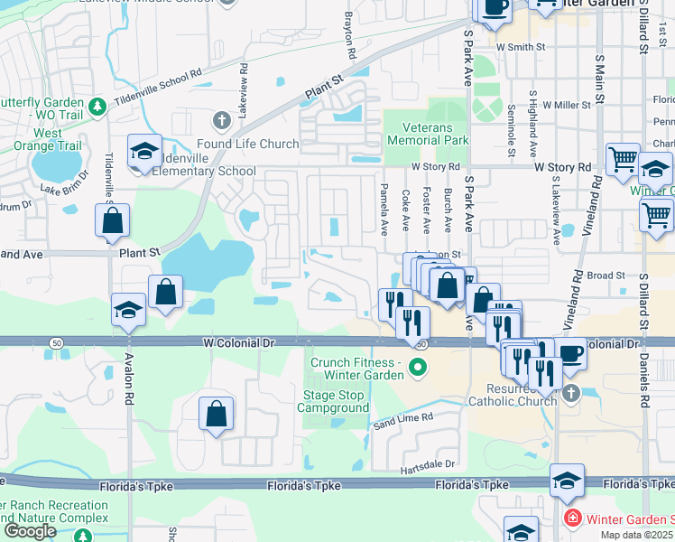 map of restaurants, bars, coffee shops, grocery stores, and more near 970 Hyde Park Circle in Winter Garden