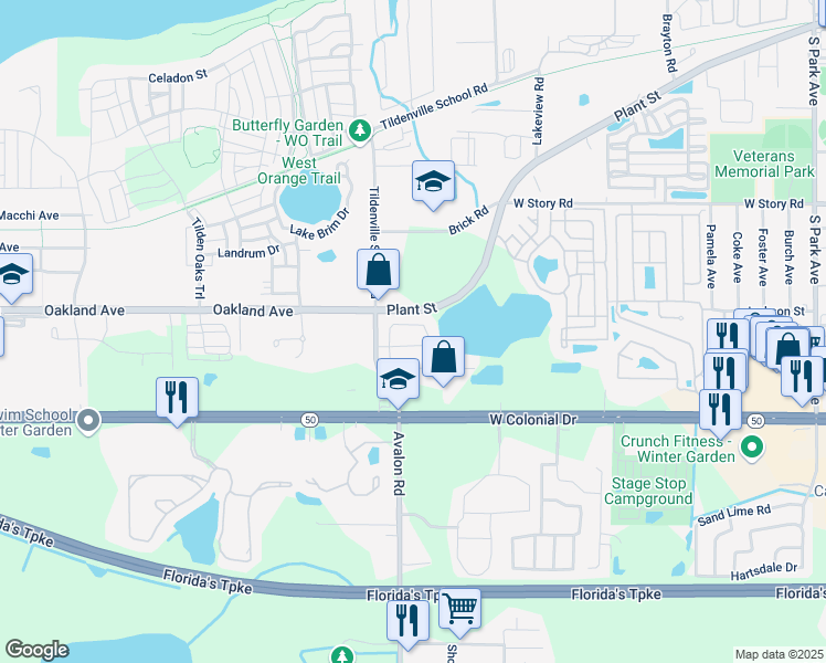 map of restaurants, bars, coffee shops, grocery stores, and more near 1253 Brandy Lake View Circle in Winter Garden