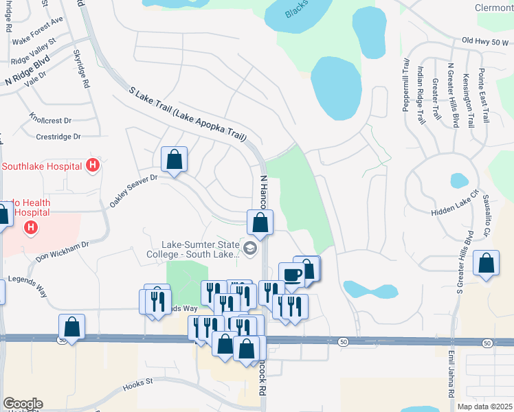 map of restaurants, bars, coffee shops, grocery stores, and more near 994 Princeton Drive in Clermont