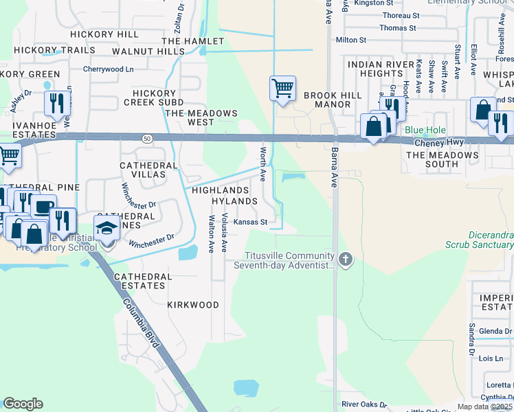 map of restaurants, bars, coffee shops, grocery stores, and more near 4855 Pasco Avenue in Titusville