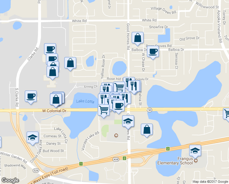 map of restaurants, bars, coffee shops, grocery stores, and more near 2313 Aloha Bay Court in Ocoee