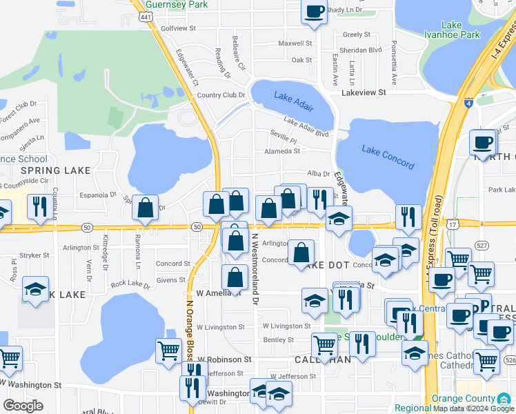 map of restaurants, bars, coffee shops, grocery stores, and more near 731 North Westmoreland Drive in Orlando