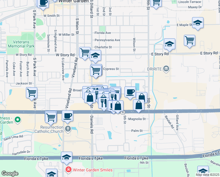 map of restaurants, bars, coffee shops, grocery stores, and more near 421 Grand Royal Circle in Winter Garden
