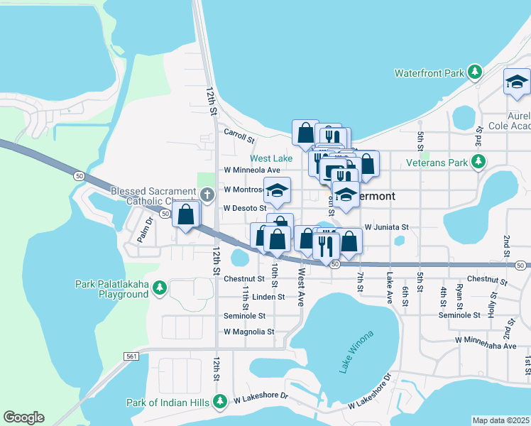 map of restaurants, bars, coffee shops, grocery stores, and more near 1025 West Desoto Street in Clermont