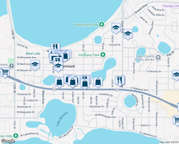 map of restaurants, bars, coffee shops, grocery stores, and more near 447 West Desoto Street in Clermont