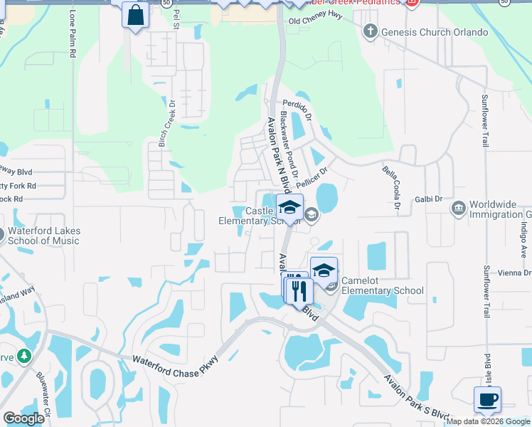 map of restaurants, bars, coffee shops, grocery stores, and more near 12163 Water Poppy Court in Orlando