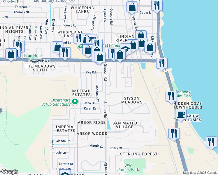 map of restaurants, bars, coffee shops, grocery stores, and more near 4825 East Key Drive in Titusville