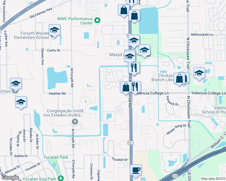 map of restaurants, bars, coffee shops, grocery stores, and more near 7402 Goldenpointe Boulevard in Azalea Park