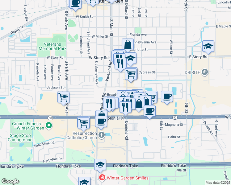 map of restaurants, bars, coffee shops, grocery stores, and more near 51 Broad Street in Winter Garden
