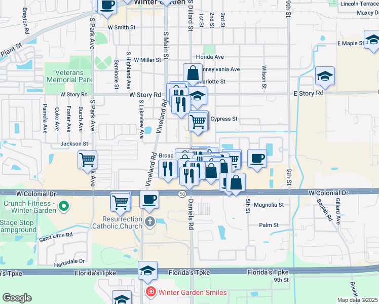 map of restaurants, bars, coffee shops, grocery stores, and more near 886 South Dillard Street in Winter Garden