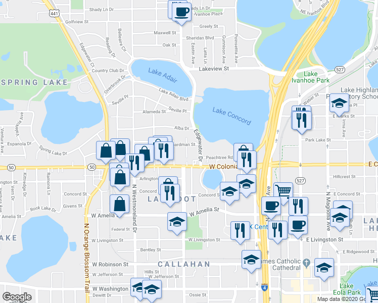 map of restaurants, bars, coffee shops, grocery stores, and more near 731 Putnam Avenue in Orlando