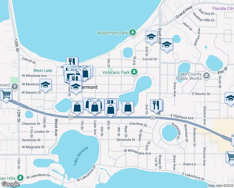 map of restaurants, bars, coffee shops, grocery stores, and more near 447 West Desoto Street in Clermont