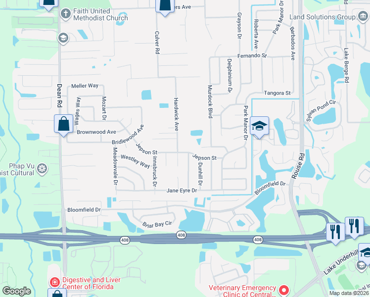map of restaurants, bars, coffee shops, grocery stores, and more near 10561 Jepson Street in Orlando